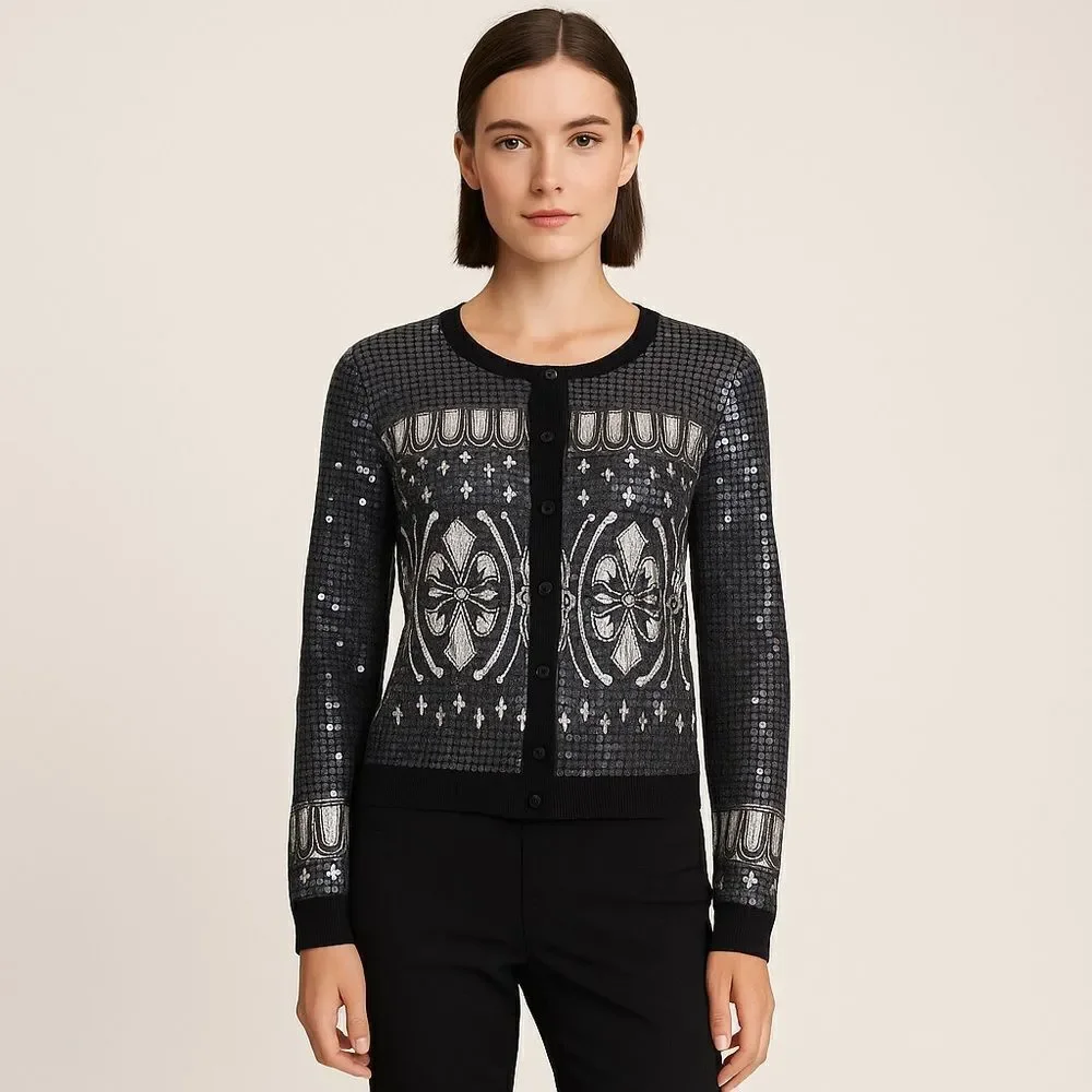 Revolve Tory Burch Black and Silver Sequin Cardigan Sweater Size M